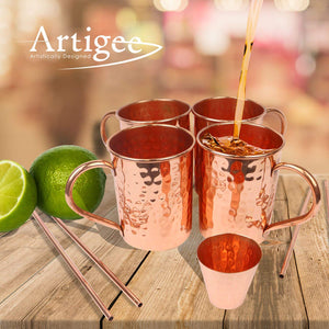 4-Piece Tall Moscow Mule Mug Set Set (16oz) with Shot Glass + 4 Straws